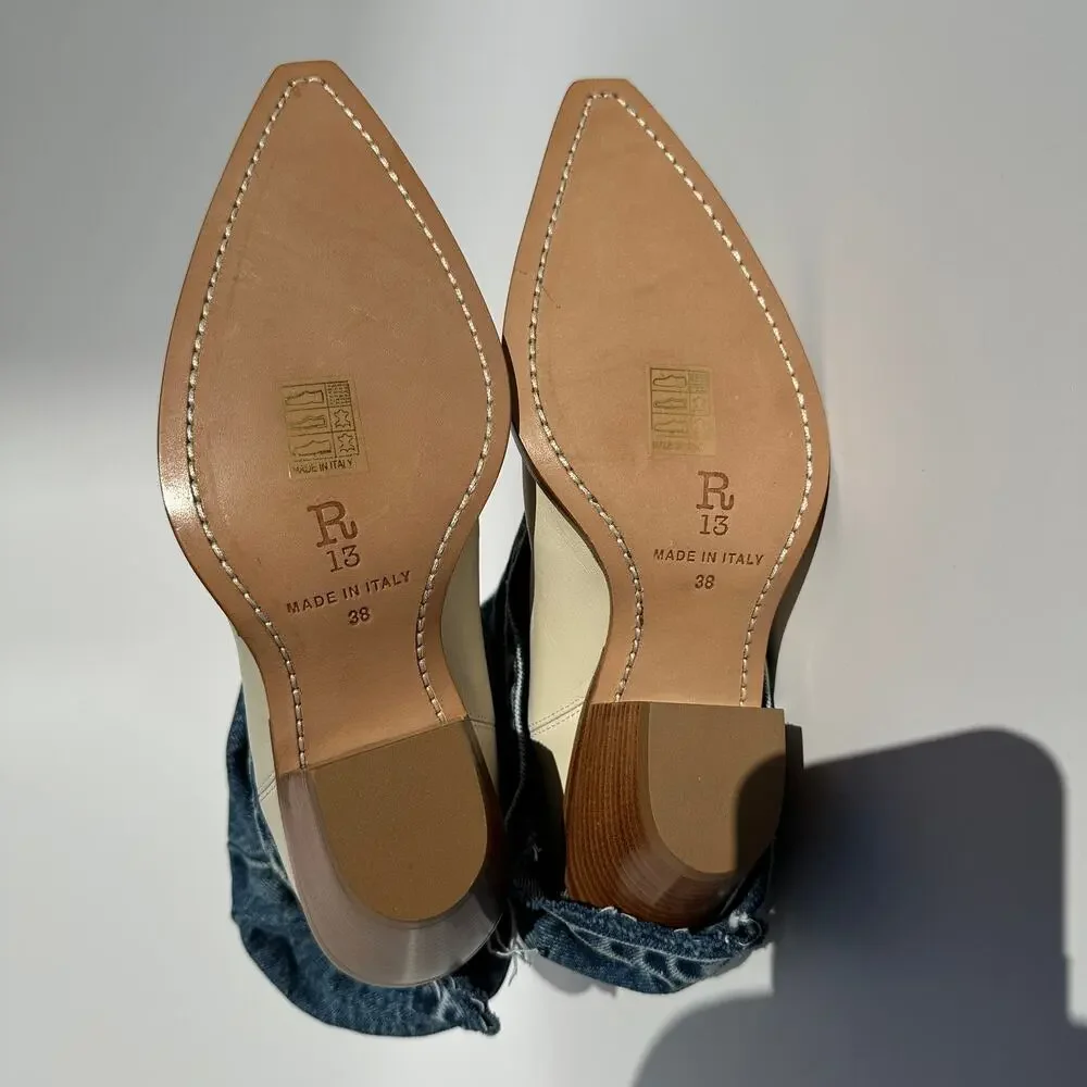 R13 Mid Cowboy Boots with Denim Sleeve Shaft Indigo Blue Ivory Size 38 NIB $1395 - Picture 7 of 16